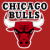 Red background with white bull's head silhouette, black text 'CHICAGO BULLS' above it in blocky font.