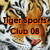 Pixelated image of a tiger with orange and black stripes, white underbelly, green eyes, and pink tongue visible; text overlay reads 'Tiger Sports Club 09' in bold orange letters.