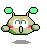 Pixel art character with green antennae, white eyes, pink cheeks, and a beige body in four distinct poses against a gray background.