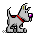 Pixelated cartoon dog with red collar and purple nose in five sequential poses showing movement from standing to running.