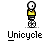 Pixel art of a character on a unicycle with yellow shirt, black shorts, and white helmet, showing multiple poses with varying arm and leg positions.