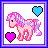 Pixel art contact sheet showing two frames of a pink cartoon pony with purple mane and tail, surrounded by blue and pink hearts in different positions.