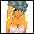 Pixel art character with blonde hair and blue eyes wearing a gray beret, pink bralette, and green pants with white dots, shown in multiple poses with text