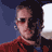 Pixelated static image of a person with dark hair wearing sunglasses and a red jacket against a blue background.