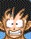 Pixelated character with spiky brown hair, wide eyes, and a broad grin in first frame; same character with narrowed eyes and closed mouth in second frame.