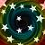 A circular pixelated image with a dark center surrounded by a gradient of green and blue hues, encircled by white stars on a multicolored background.