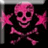 Pixelated pink skull and crossbones with animated pink starbursts on black background, text 'i rock' appears in second frame.