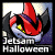 A 6-frame animated contact sheet showing a pixelated Halloween-themed buddy icon with a red and black creature, yellow eyes, and