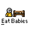 Animated contact sheet of a pixel art icon showing a yellow stick figure interacting with a brown bench across 19 frames, with text "Eat Babies" below each frame on gray background.