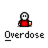 Animated contact sheet of a pixel art character in red clothing performing various actions with the word 'Overdose' below each frame on gray background.