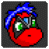 Pixel art character with blue hair and red face showing two animation frames: one with green eyes and open mouth, another with closed eyes and wide-open mouth.