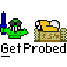 Animated contact sheet showing 14 frames of a pixel art buddy icon with green character probing yellow figure in crate, repeating text "GetProbed" below each frame.