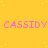 Yellow background with pink text repeating 'CASSIDY' in three , scattered yellow dots, and a gray rectangle on the right edge