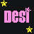 Pixelated pink text 'DESI DESI' on black background with yellow stars and small pink sparkles above each letter.