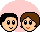 Pixelated cartoon faces with brown or black hair, varying mouth expressions, and white speech bubbles containing four dots on pink and gray backgrounds.