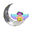 A cartoon fairy with purple hair and green leaves sits on a crescent moon, wings spread in two showing wing movement