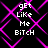 Pixelated text 'gEt LiKe Me BiTcH' repeated in four quadrants over a black background with intersecting pink diamond-shaped lines.