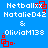 Blue background with white text displaying 'Netballxx', 'NatalieD42', '&', 'OliviaM138' and red square-dot animations in four quadrants.