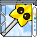 Yellow star-shaped lollipop with two dark brown circular eyes and a white highlight, attached to a light brown stick against a blue sky background.