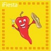 Red chili pepper character with smiling face holding a drink and a taco on yellow background with orange border.