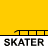 Animated contact sheet of a stick figure skater performing tricks on a ramp against a yellow background with repeated "SKATER" text labels below each frame.