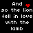 Black background with white pixelated text repeating 'And so the lion fell in love with the lamb' and red heart/pulse symbols replacing 'so' in some lines.