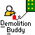 Pixel art icon shows a yellow-clad figure holding a red block, connected by a dotted line to a green grid with yellow squares, below text reading "Demolition Buddy".