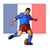 Pixelated 50x50 static icon of a soccer player in mid-kick against a blue-and-red background, wearing a blue jersey and red shorts with visible motion blur on limbs.