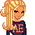 Pixel art character with blonde hair wearing a dark blue sweater and flared jeans, next to partial body view of same outfit and "American Eagle" text logo.