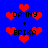 Blue background with red pixelated hearts and black text reading "DANNY + ERIKA" in multiple positions.