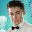 Pixelated image of a person in formal attire with text overlays on blue and gray backgrounds.