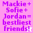 Pixelated text reads 'Mackie + Sofie + Jordan = bestliest friends!' with a star symbol on pink and white backgrounds.