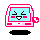 Pixelated computer monitor icon with pink border, light blue screen showing smiling face with closed eyes and red cheeks, small white heart symbol on right side.