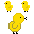 Animated contact sheet of yellow duckling sprites in various poses and sizes on a gray background, showing 12 sampled frames from an AIM buddy icon animation.