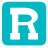 A static contact sheet showing two frames of an animated icon with a large blue square containing a white letter R on the left and scattered gray pixelated text fragments on the right.