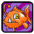 Pixelated orange cartoon fish with large eye, sharp teeth, and curled tail against purple background in square frame.