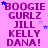 Purple text on pink background with blue and purple stars; repeated phrases 'BOOGIE GURLZ', 'JILL', 'KELLY', 'DANA!' in pixelated font.