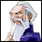 Pixelated image of an elderly man with white hair and beard wearing a blue garment, next to black background with white text.