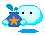 A 4-frame pixel art animation of a light blue cartoon character holding a dark blue jar with an orange star, showing subtle pose and shadow changes across frames.
