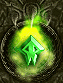 Green diamond-shaped symbol with white lines inside, surrounded by yellow-green glowing aura on dark ornate background.