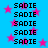 Blue background with pink stars and repeated black text 'SADIE' in a pattern
