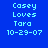 Blue background with light blue text reading Casey Loves Tara 10-29-07, where the word Tara is red in some frames and the date is red in others.