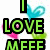 Green text "I LOVE MEEE" with black outlines and a pink dot in the 'O', surrounded by cyan, pink, and green heart shapes on white background.