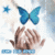 A pixelated image shows a brown-haired figure with hands raised toward a blue butterfly against a light background.