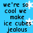 Blue background with black pixelated text repeating 'we're so cool we make ice cubes jealous' and white snowflake shapes scattered across the image.