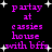 Pixelated text reads 'party at cassies house with bffs' in purple on black, surrounded by white stars. The image is animated with star positions shifting between frames.