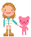 Pixel art of a girl with brown hair holding hands with a pink creature, showing two distinct hand positions across frames.