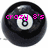 Black 8-ball with white center and black number 8, overlaid with pink text 'crazy 8's' in pixelated font, displayed in a
