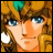 Pixelated anime-style character with brown hair and blue eyes, wearing a golden shoulder guard, next to stylized text on a black background.