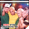Four- of identical group photo with text overlay; two show red 'STOP' in text, two show black 'STOP'; people wear yellow and green clothing